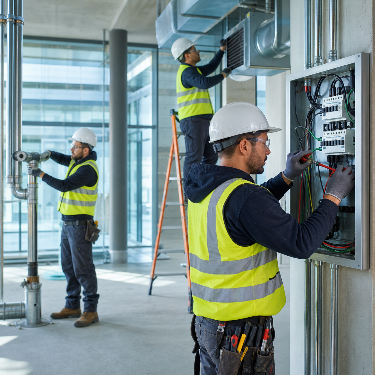 Electrical, plumbing and HVAC specialists at work in a modern building